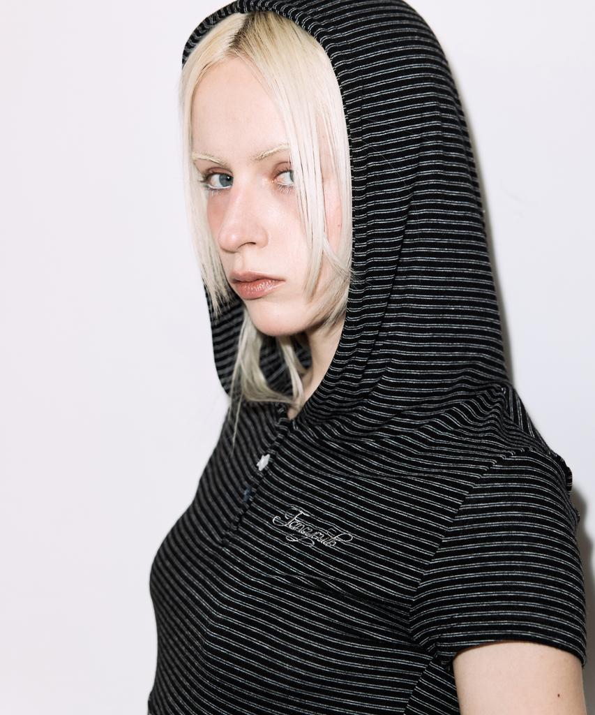 FANCY CLUB Striped Hooded Flare Top (Black) F26Qb072