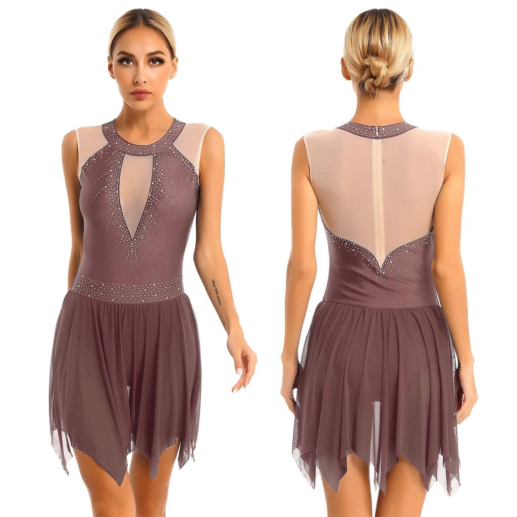 Buy Womens Figure Skating Dance Costume Patchwork Mesh Leotard Dress  Glitter Rhinestone Sleeveless Dress at affordable prices  free shipping,  real reviews with photos  Joom