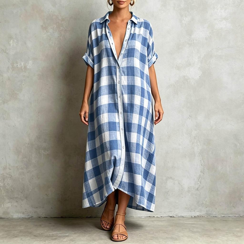 Women's Casual Plaid Short Sleeve Maxi Dress with Lapel for Vacation Beach Wear
