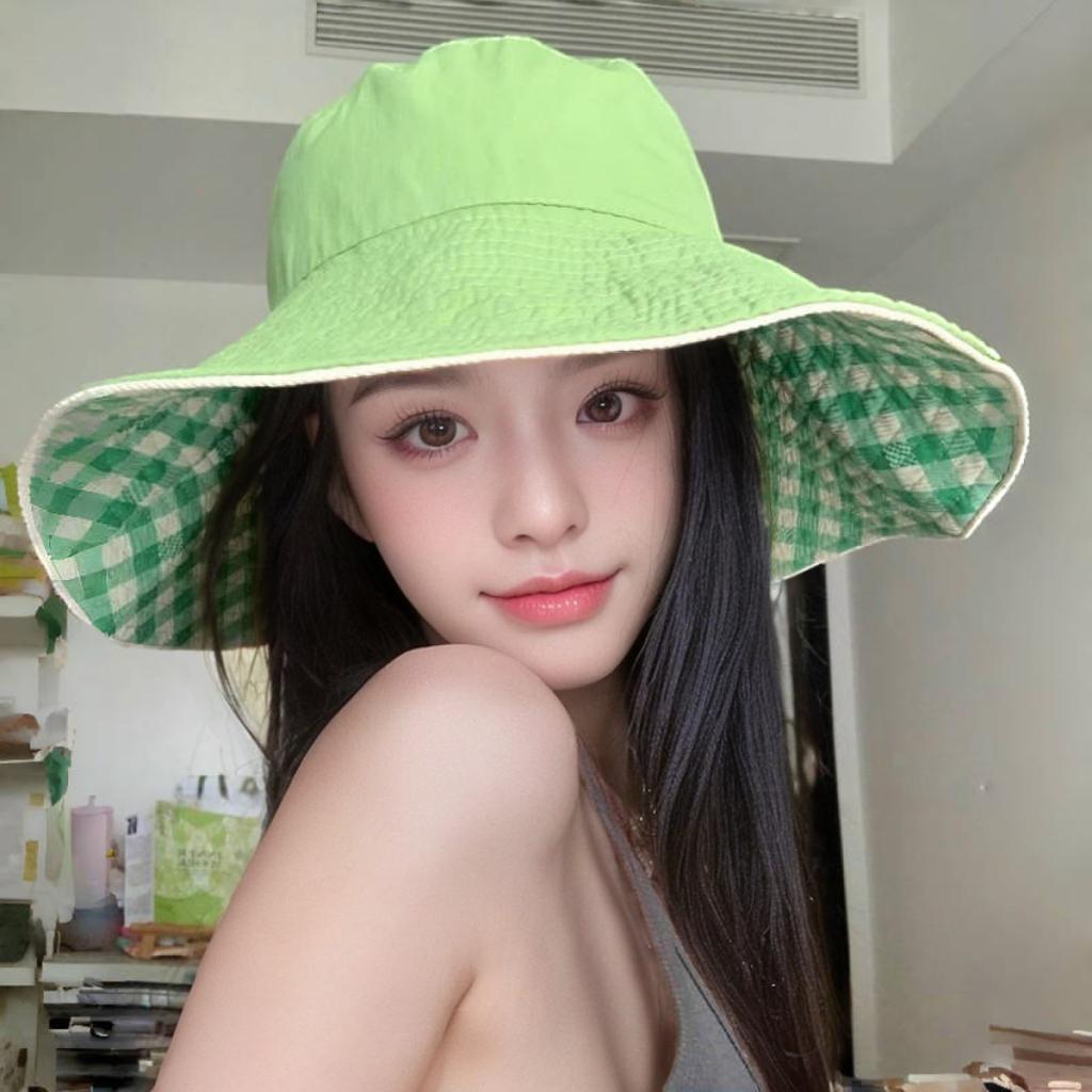 Korean checkered strap fisherman's hat with a large brim for summer, a small sun-protective hat that can be worn on both sides