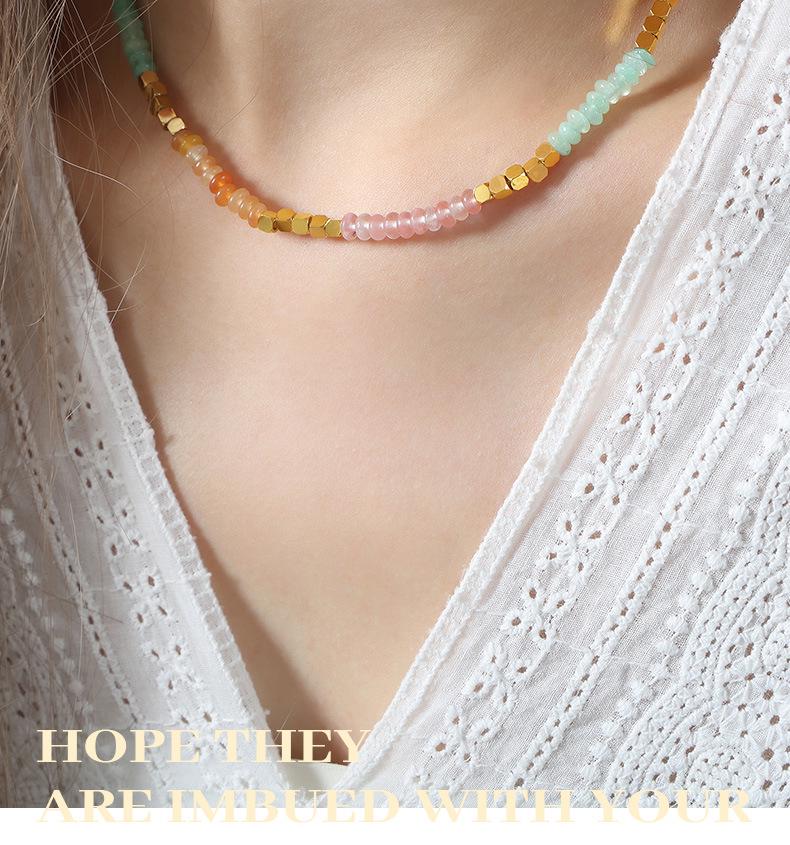 Maillard Reaction Vacation Style Amazonite Crystal Beaded Titanium Steel Necklace