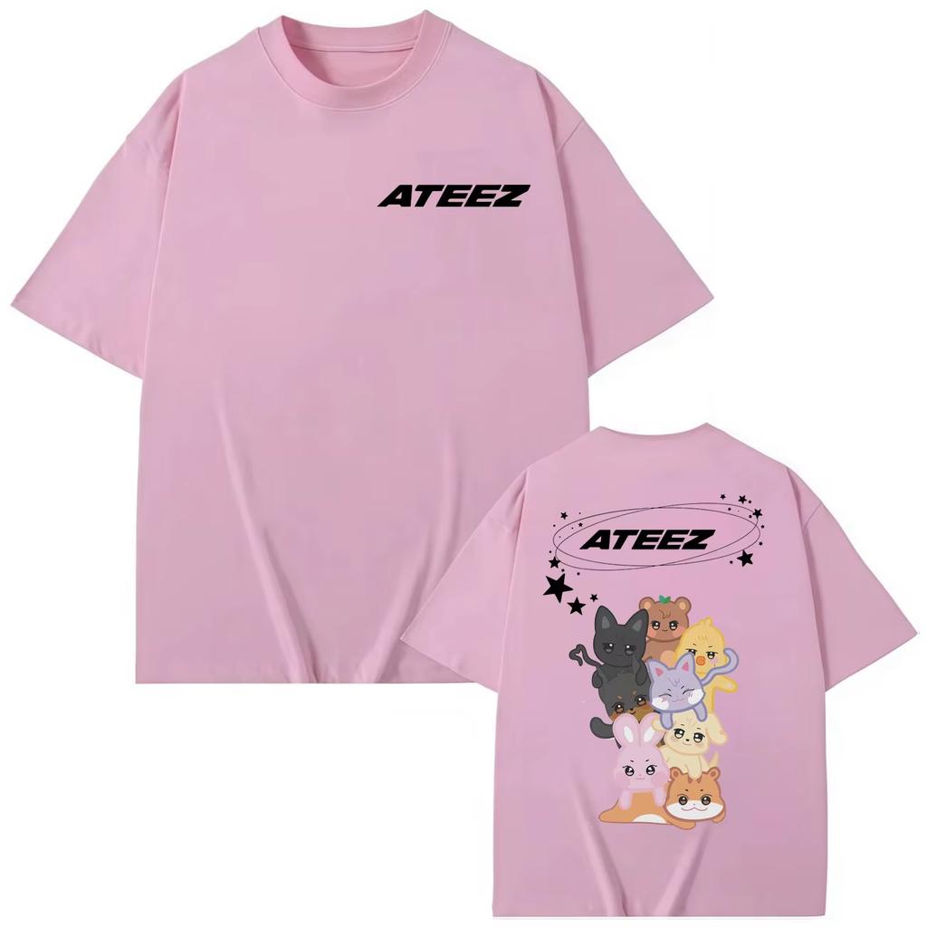 2026 Hot Kpop ATEEZ Aniteez Cartoon Graphic T‑Shirts Unisex Front Back Print Short Sleeve Tees Summer Casual Cotton Tops for ATEEZ Fans Gift
