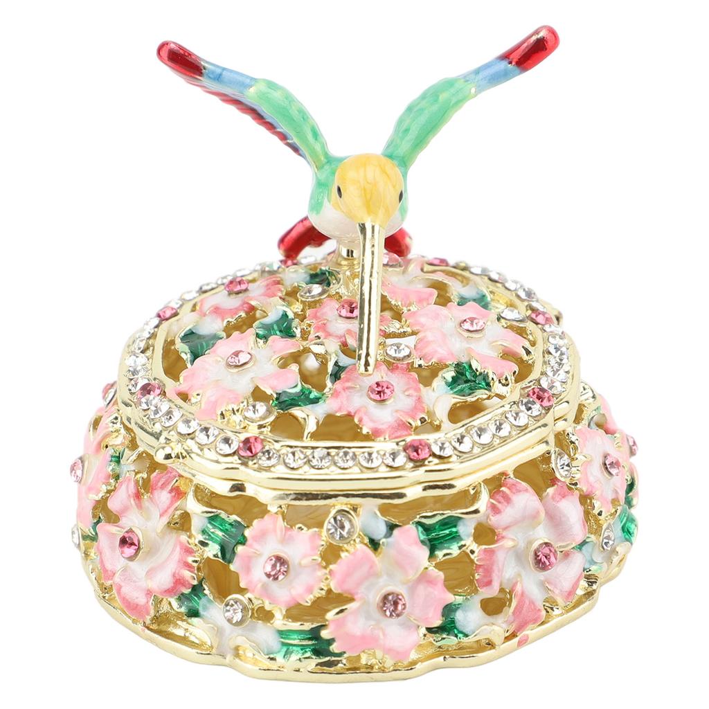 Round Hummingbird Pattern Enameled Jewelry Box Decorative Metal Trinket Box Vintage Jewelry