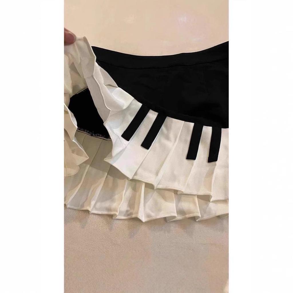 Dam Högmidjad Svart & Vit Retro Piano Plisserad Kroppsnära Midi Kjol
