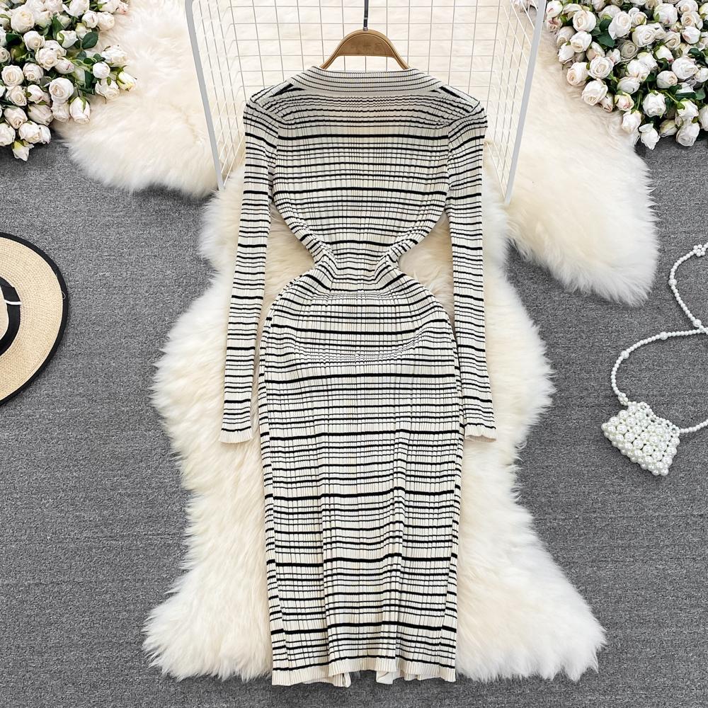 Vestido tipo suéter de punto a rayas con cuello vuelto para mujer, prendas de punto informales con un solo pecho hasta la rodilla, moda de otoño