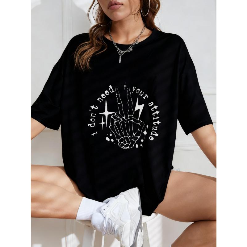Vintage Black Oversized T-Shirt with Skeleton Hand Gesture & Star-Lightning Print – "I Don’t Need Your Attitude" Dark Edgy Graphic Top