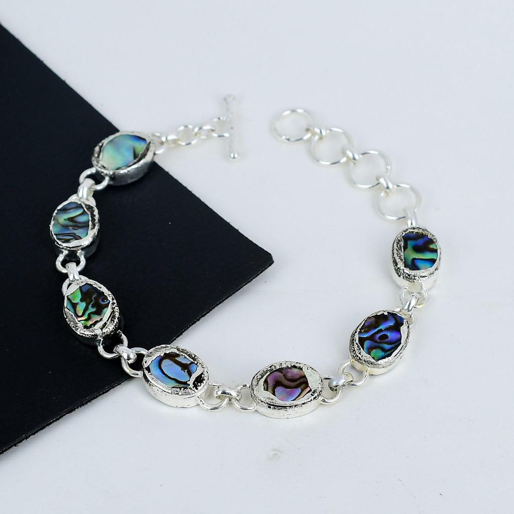 Bransoletka z muszli abalone z kamieni szlachetnych, ręcznie robiona, srebro próby 925, bransoletka z muszli abalone dla żony, bransoletka unisex, prezent na dzień matki