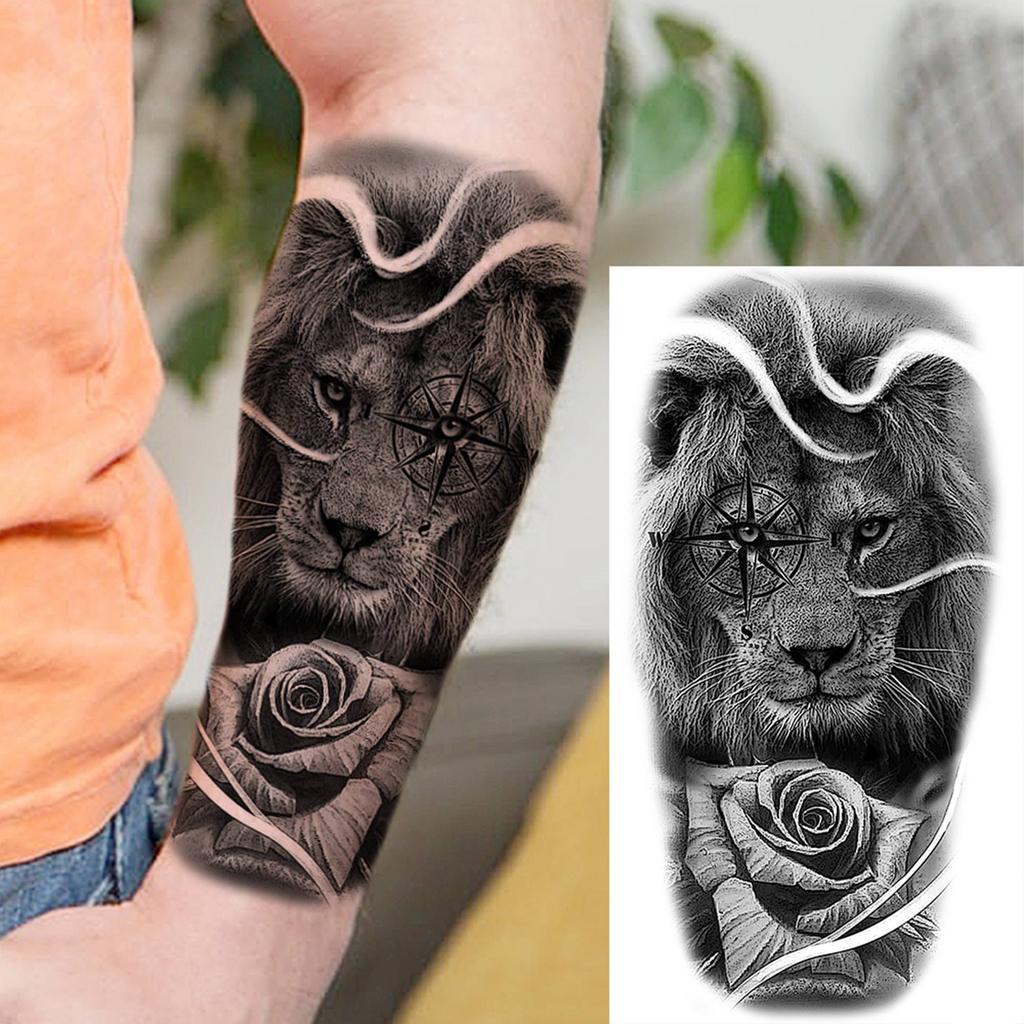 1 Sheet Tiger Skull Nun Wolf Lion Compass Folwer Temporary Tattoos For Men Women Fake Tattoo Sleeve Arm Leg Forearm Body Thigh
