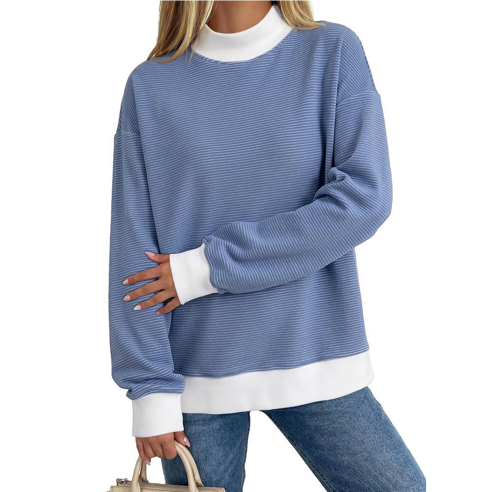 Women S Round Neck Fleece Striped Long Sleeve Loose Top