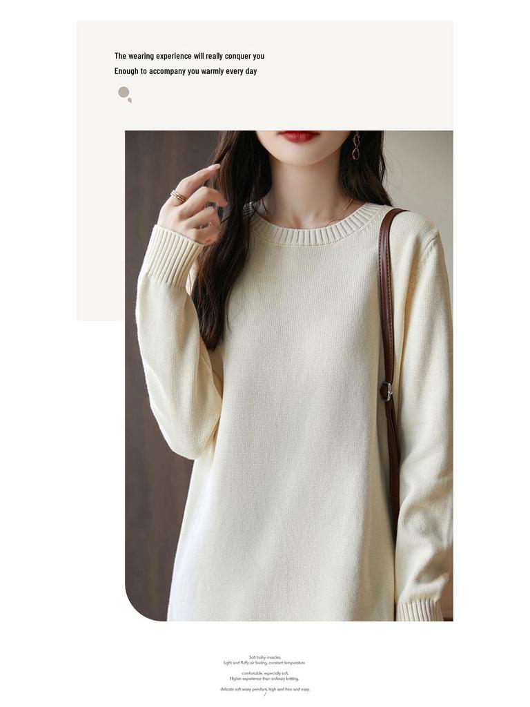 2026 A/W Women's Thick Knit Pure Cotton Dress - Long Sleeve, Solid Color, Round Neck, Loose Mid-Length Skirt