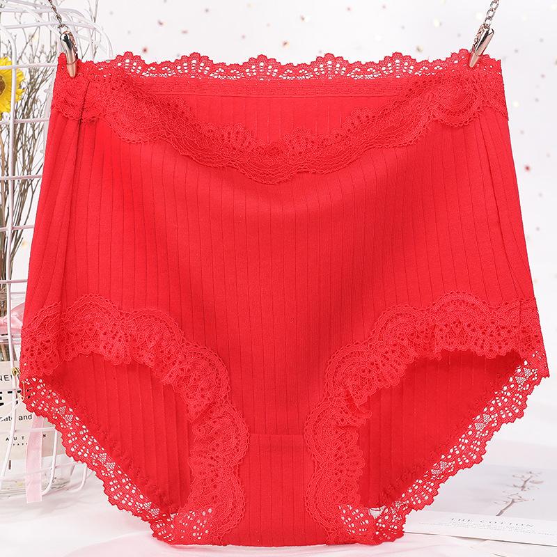 Women's Plus Size Solid Color Threaded Lace Lace Birth Year Big Red Triangle Panties