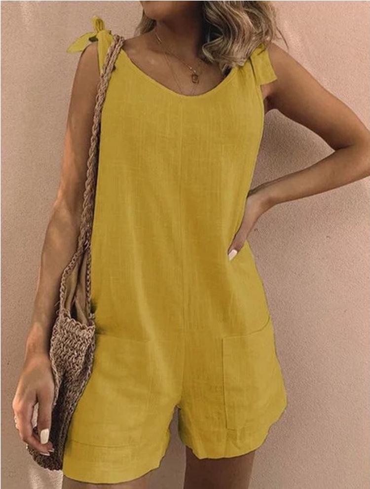 Summer 2025 Solid Color Cotton Linen Jumpsuit with Patch Pockets