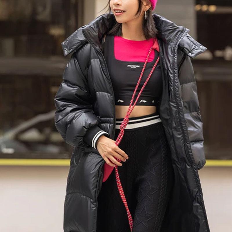 Li Ning Sports Lifestyle Series Solid Color Loose Long Down Jacket Women Outerwear Black AYMT370-3