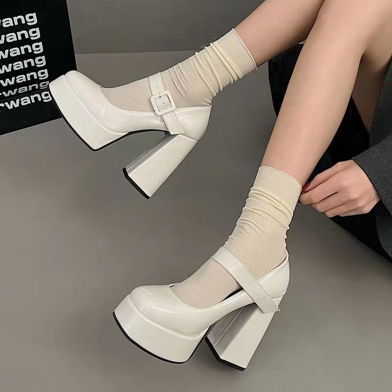 Mary Jane Shoes Thick Heel Waterproof Platform Thick Sole Heightening Japanese Spice Girl Patent Leather Black Temperament High Heel Small Leather