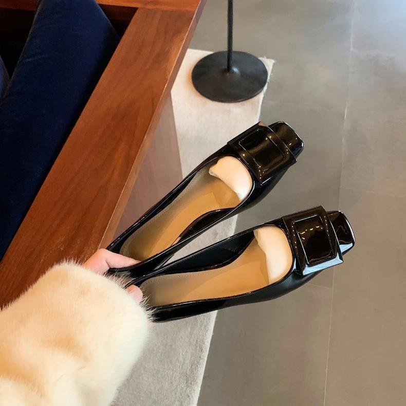 Spot Sheepskin Version~ Square Buckle Commuter Thick Heel Square Head Temperament High Heels Single Shoes Women's Genuine Leather Soft Sole Mary Jane 