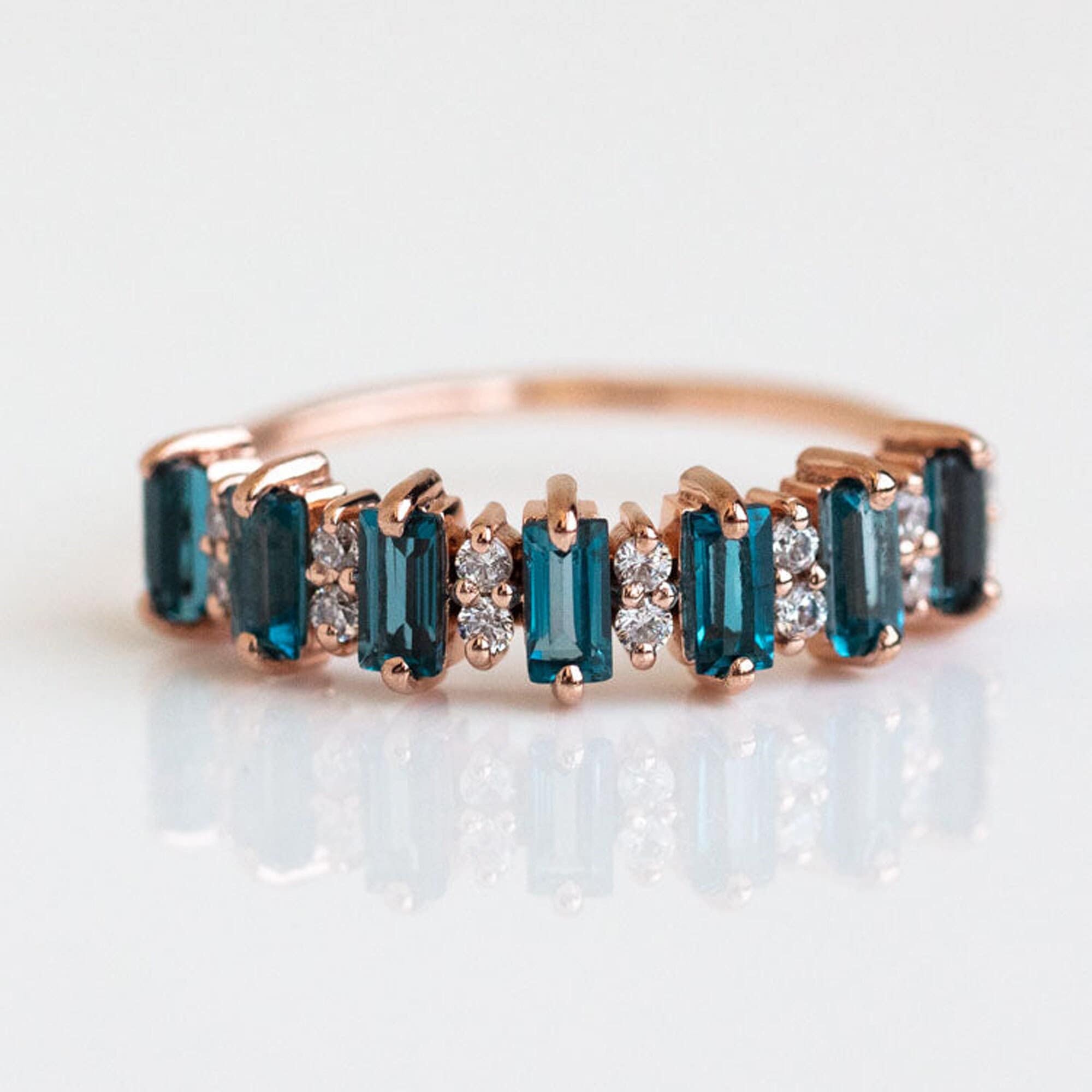 

Baguette Cut Blue Gemstone Eternity Band – Rose Gold Plated Half Eternity Ring with Diamond Accents, Wedding Stacking Anniversary Gift K