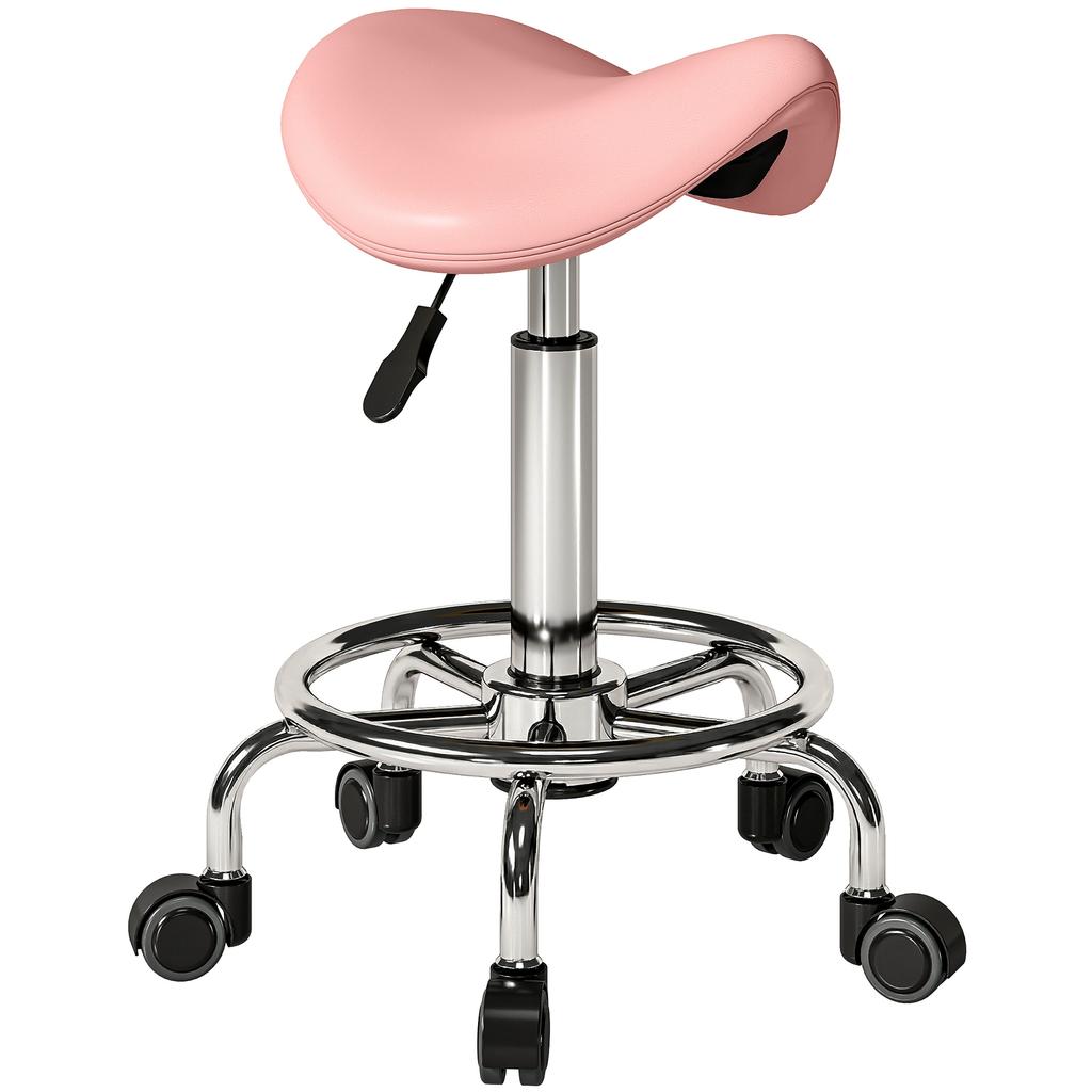 Salon Saddle Stool, Rolling Saddle Chair for Massage, Spa, Clinic, Beauty, Hairdressing and Tattoo, Pink