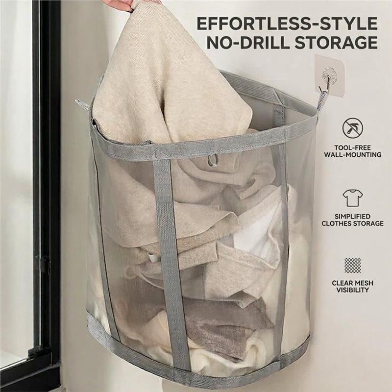 A03F-Mesh Laundry Basket Hamper With Reinforced Handles, Foldable Hanging Storage Bag For Bathroom, Dorm, Travel& Sports
