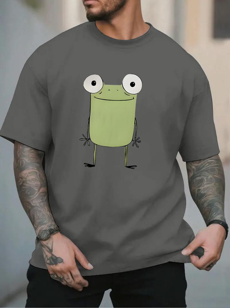 Unisex O Neck Tee Big Eyes Cartoon Frog Cute Animal Print Cotton Short Sleeve Loose Summer Breathable Daily Casual Basic Wear Top