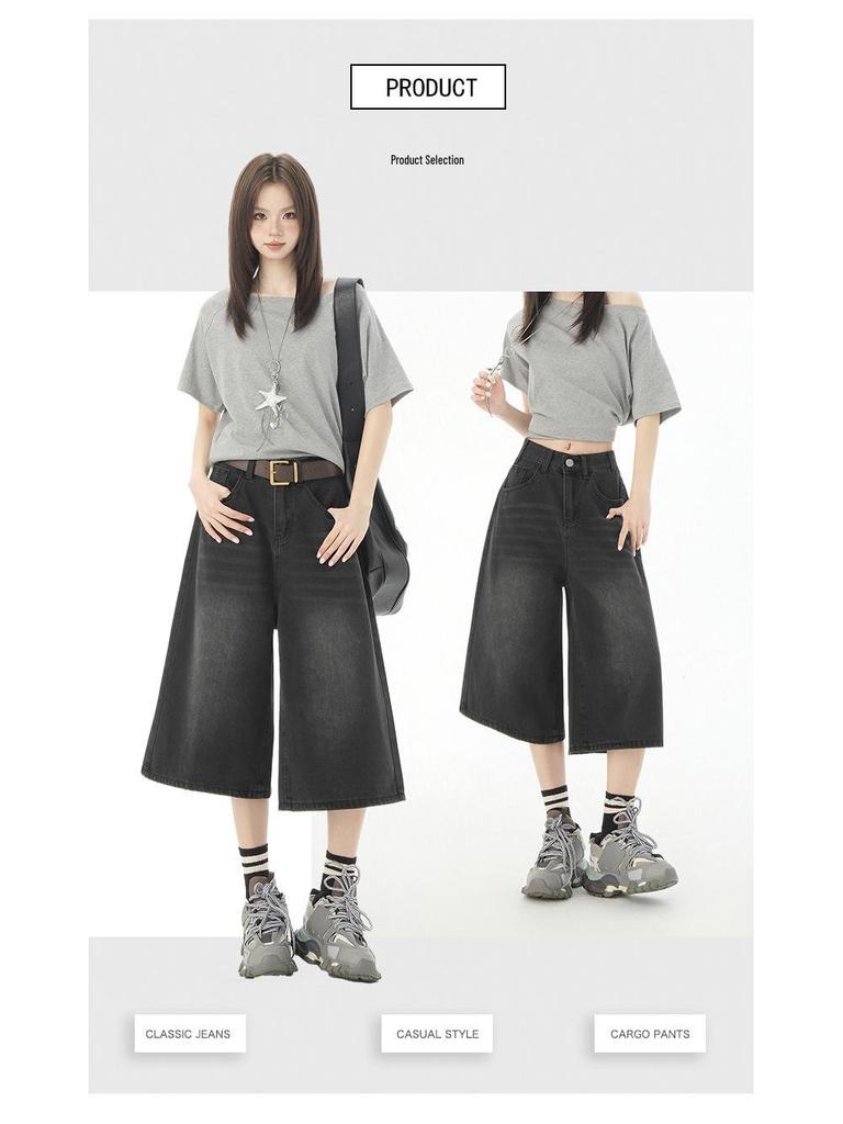 Women's American Retro High Waist Seven-Point Denim Shorts - Spring/Summer 2026, Slimming Wide-Leg Mid-Length Design.
