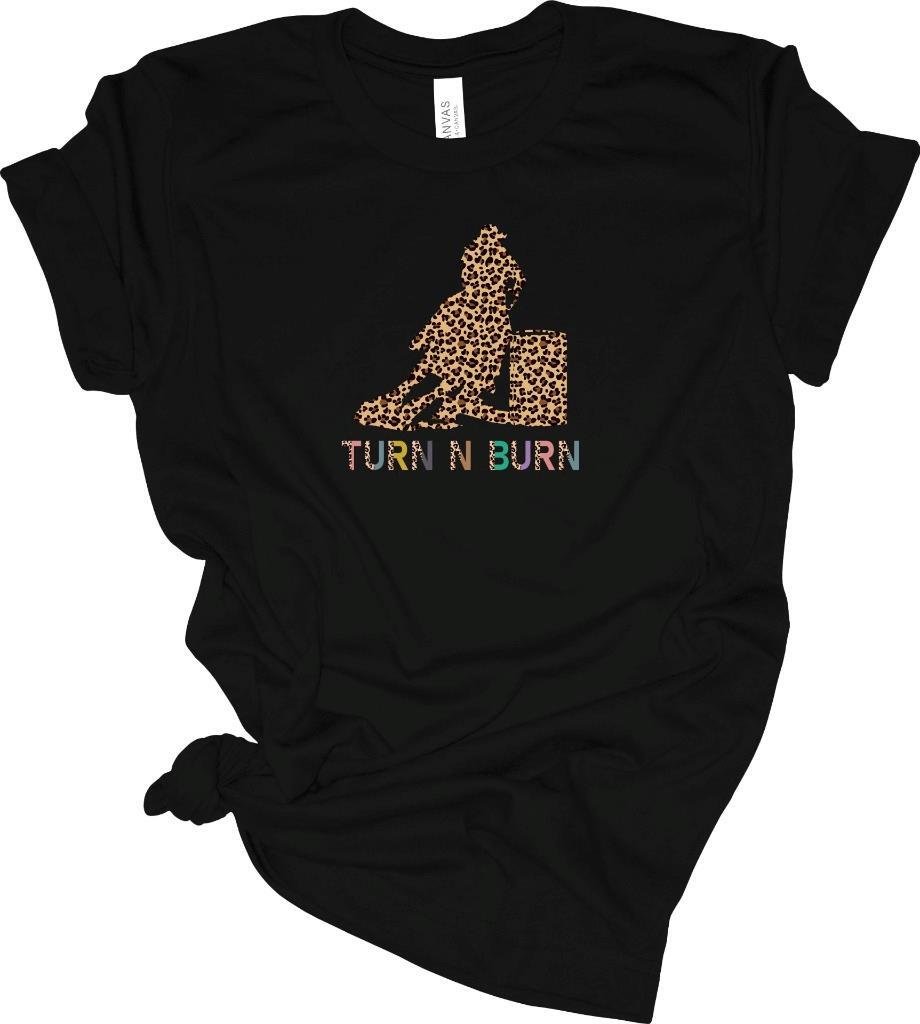 Leopard Turn N Burn Barrel Racer Racing Horse T-Shirt Cowgirl Tee S