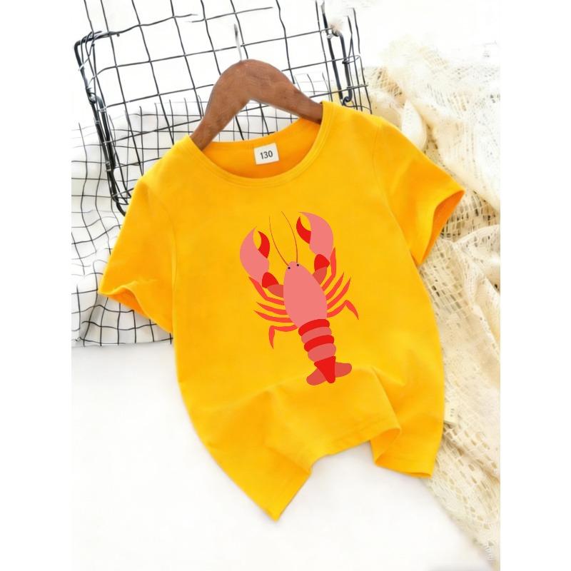 European Sizes Cartoon Lobster Print T-Shirt for Boys And Girls, Cute Summer Short-Sleeve Top Featuring Marine Life