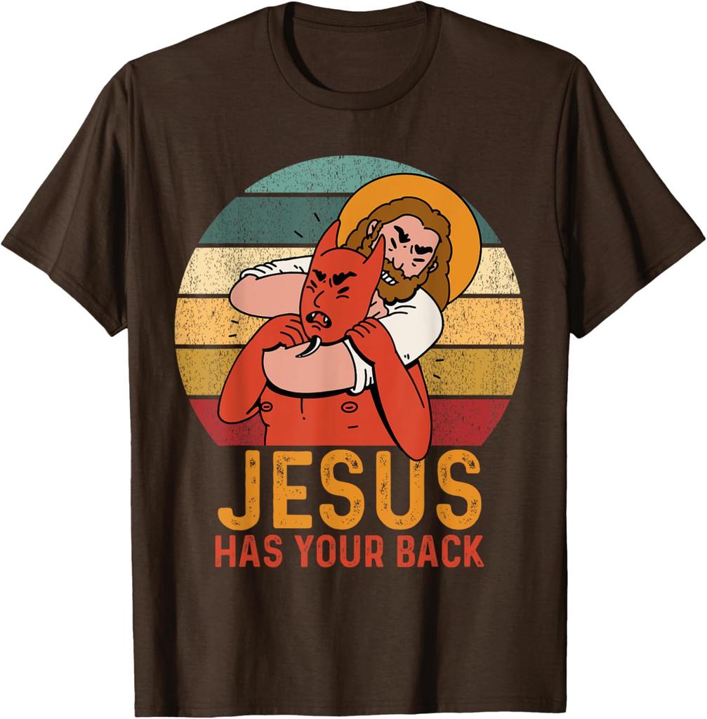 Jesus Has Your Back Fighting Devil Graphic T-Shirt Men's Casual Cotton Short Sleeve Top