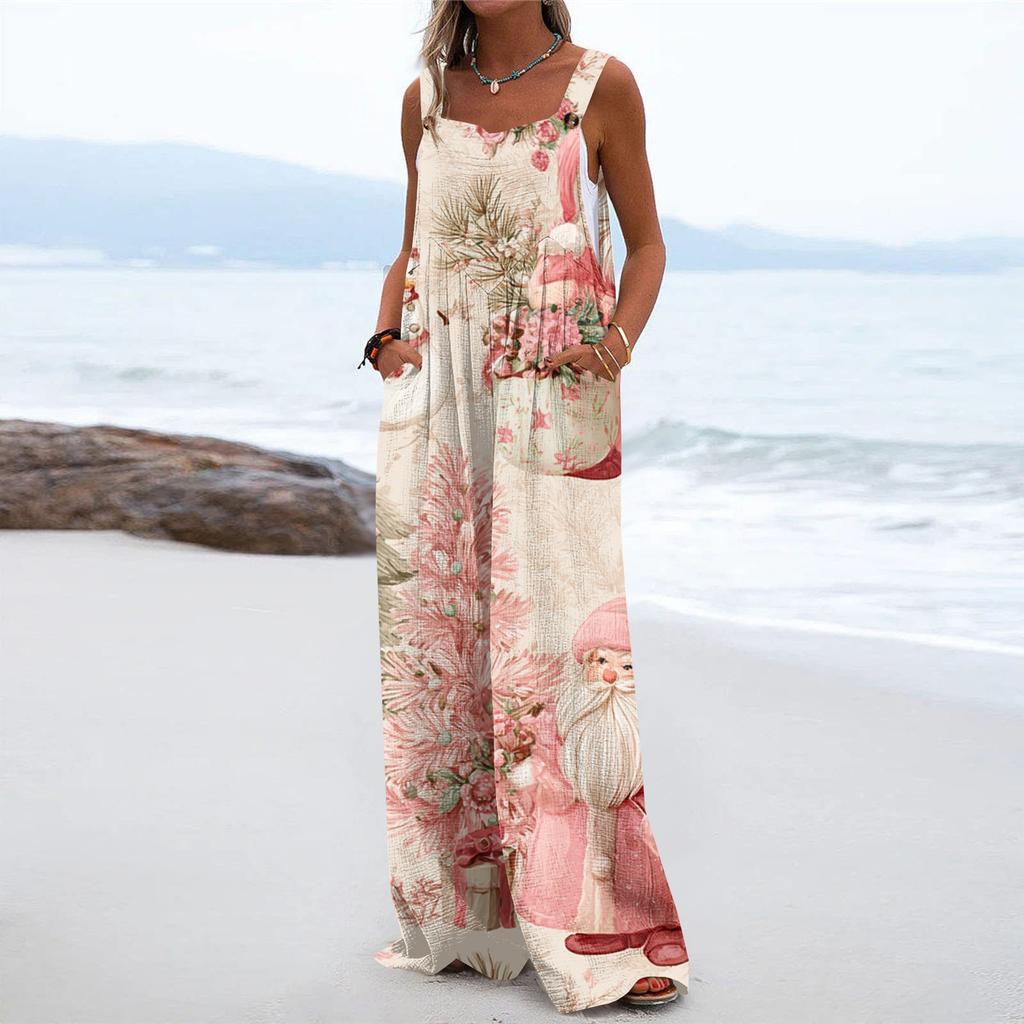 Women's Christmas Print Solid Wide Leg Strapless Tank Pocket Casual Onesie