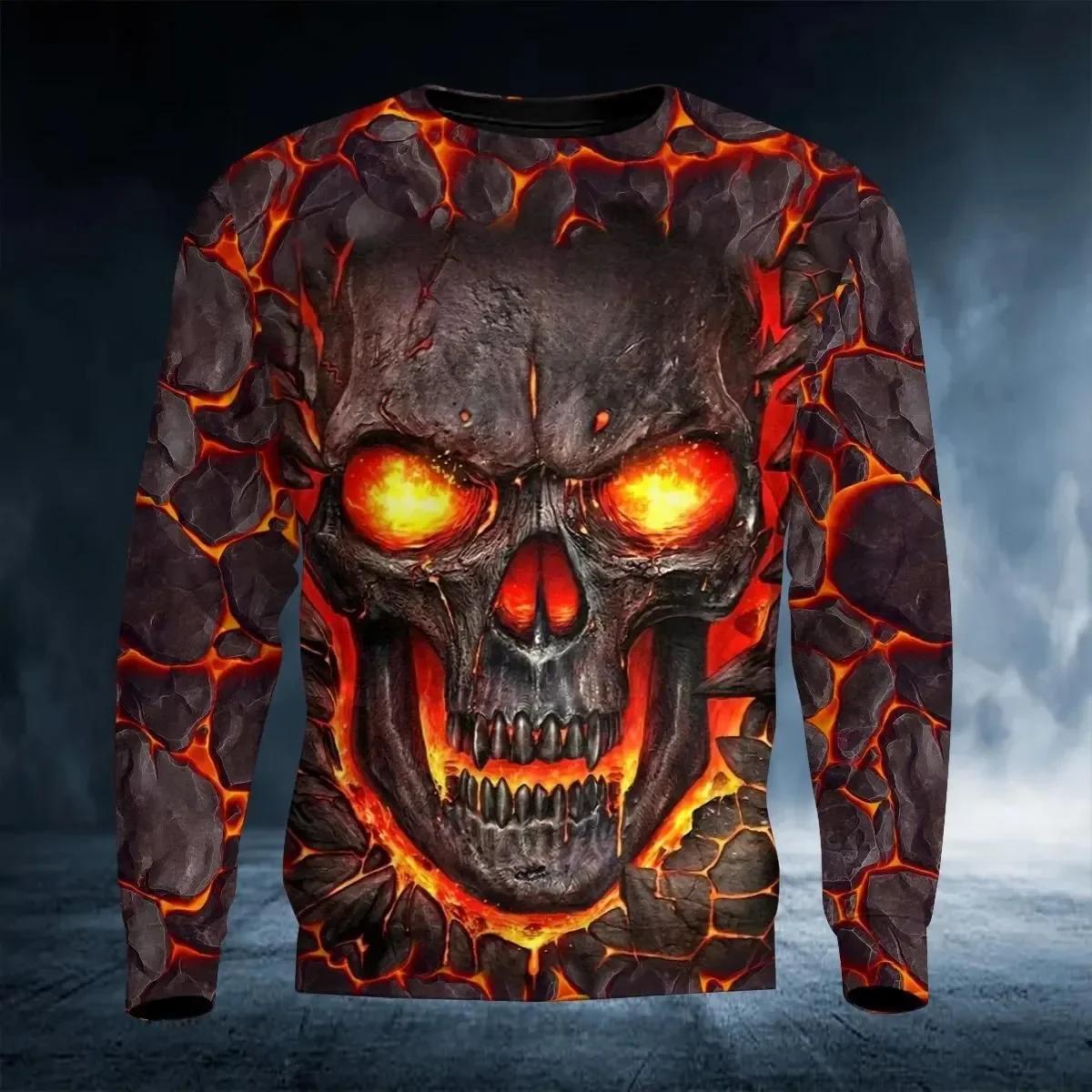 

Spring and Autumn Round Neck Retro Skull Pattern 3D Printed Top Fashionable Casual Long Sleeved Men s T-shirts 5XL