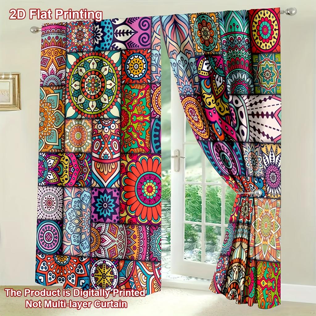 2PC Bohemian Mandala Patchwork Curtains - Vibrant Hippie Print Window Drapes for Living Room Bedroom Decor