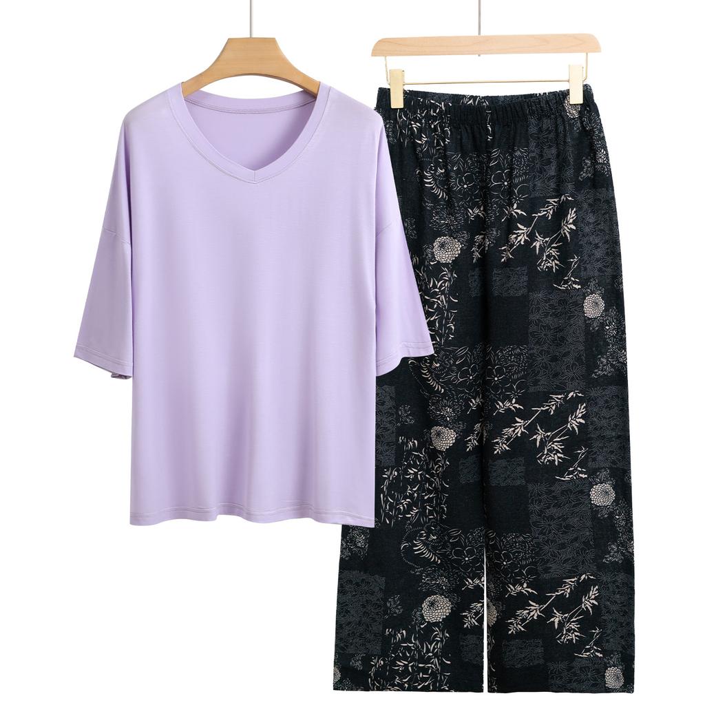 Pajamas Women's Spring and Summer New V-neck Short-sleeved Cotton and Linen Pants European and American Large-size Loungewear Two-piece Set