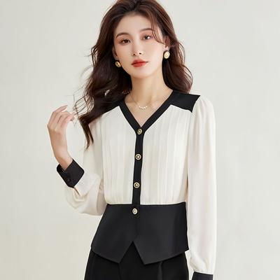 Schlank machende Taille, um Sie modisch aussehen zu lassen, kontrastfarbenes und temperamentvolles V-Ausschnitt-Chiffonhemd für Damen