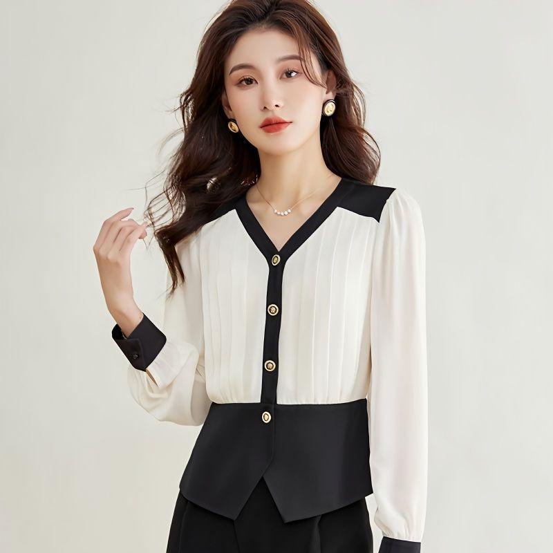Slimming Waist To Make You Look Fashionable Contrasting Color and Temperament V-neck Chiffon Shirt for Women