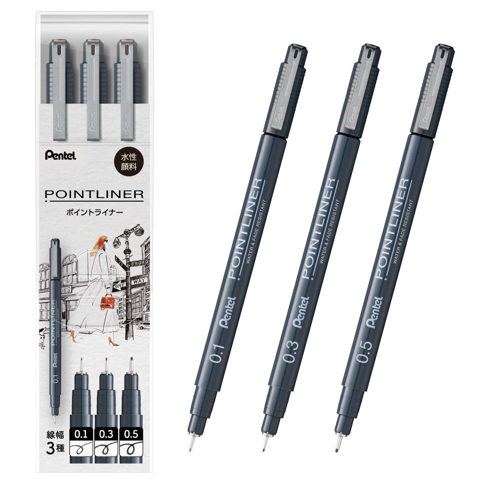Pentel Point Liner Set of Water-Based Pens, 0.1mm, 0.3mm, 0.5mm, Black, 3, S20P-3STH чёрный