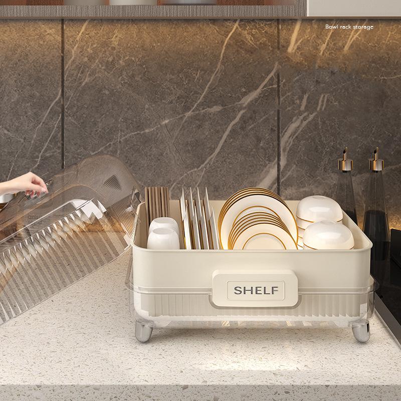 Kitchen Drain Rack, Large-capacity Dishware Storage Box, Dust-proof with Cover, Countertop Tableware Storage and Organization