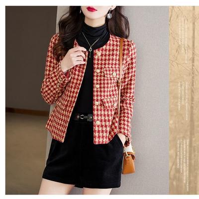 Karierter Kurzmantel im koreanischen Stil, langärmelige Strickjacke für Damen im lässigen Stil