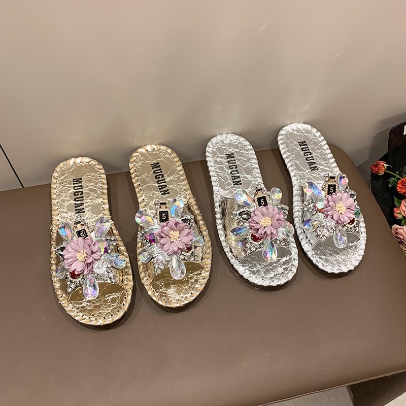 Aphixta Diamant Blumen Dekoration Flach Mit Hausschuhen Lässig Damen Süße Mules Draußen Sommer Sandalen Schuh Nähen Slide