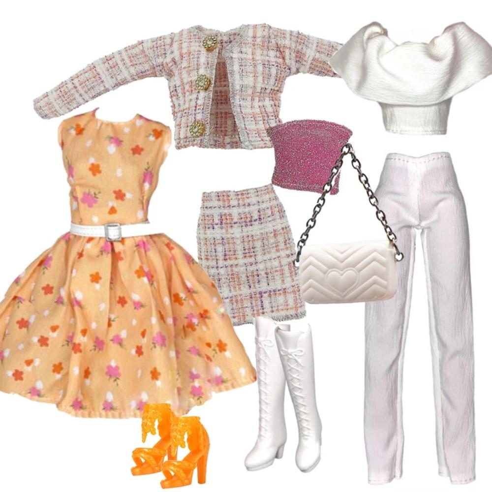 Elegantes Puppenoutfit für 1/6 Puppe Modepuppe Rosa Hahnentritt-Kleid Hut Goldener Gürtel Handtasche mit Schuhen Set