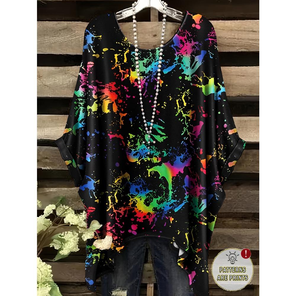 Elegant Bohemian Vacation Large Size Dark Color Printed Irregular Hoop Crew Neck T-Shirt