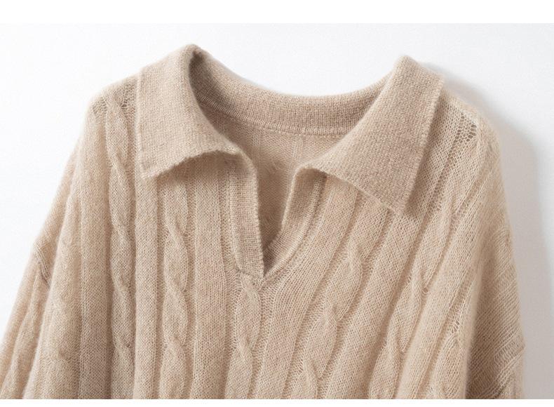 Women's Cashmere Cable Knit Sweater - New Lapel Style, Loose Fit, Autumn/Winter Versatile Top in Pink, Purple, and Light Blue.