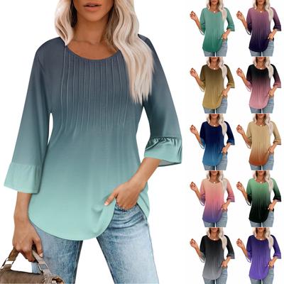 Damen 3/4-Oberteile mit Glockenärmeln, O-Ausschnitt, Sommer-Plissee-Shirts, trendige, elegante, lässige Tunika-Blusen mit lockerer Passform