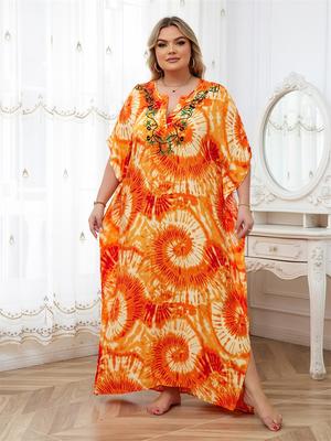 Orange grande taille col en v femmes Caftan bohème longues robes décolleté broderie Robe de plage Adorable Robe Caftan tenue Q1621