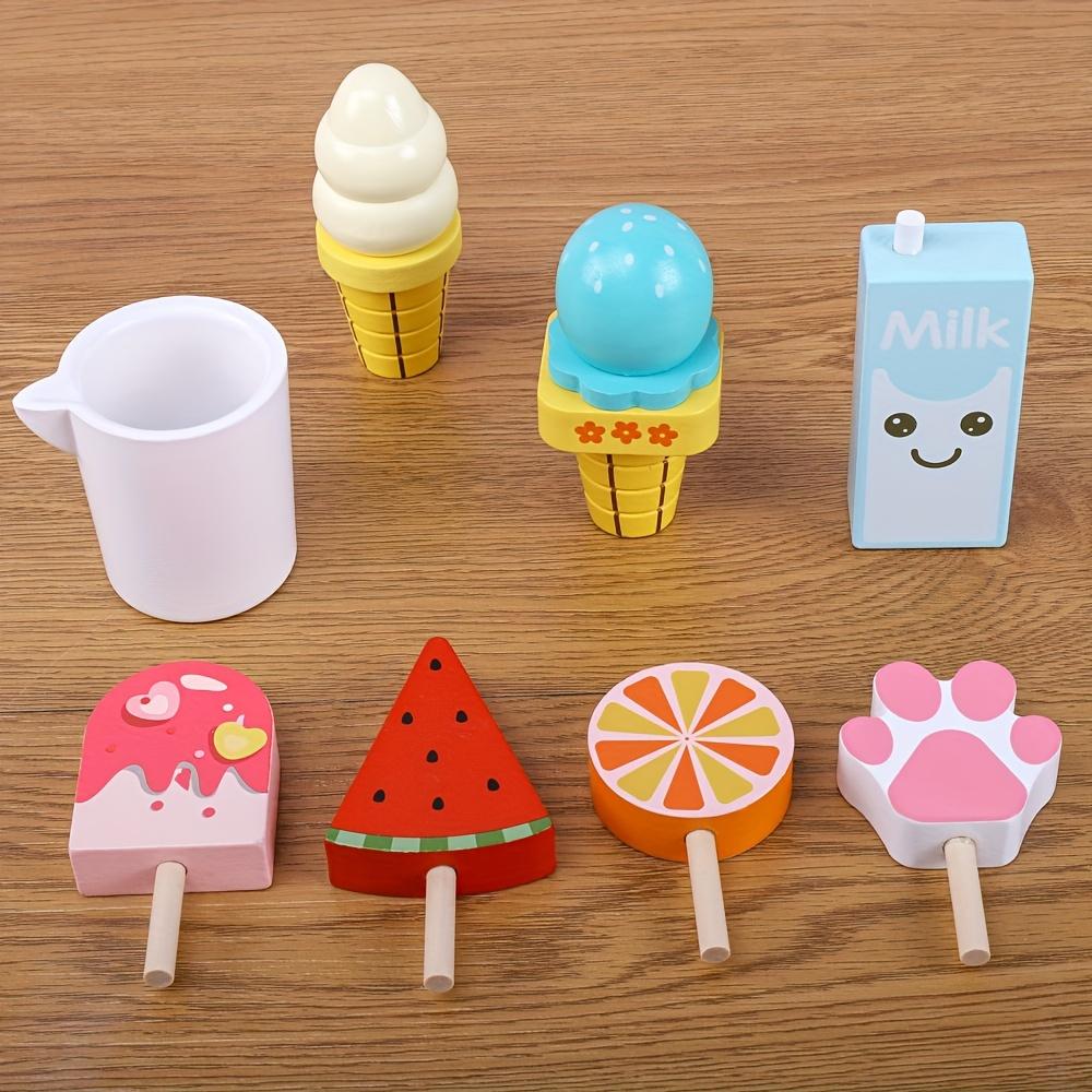 Wooden Ice Cream Playset Colorful Pretend Play Food for Youngsters, Includes Ice Cream Cones, Popsicles, and Milk Carton, Ice Cream Party Decorations