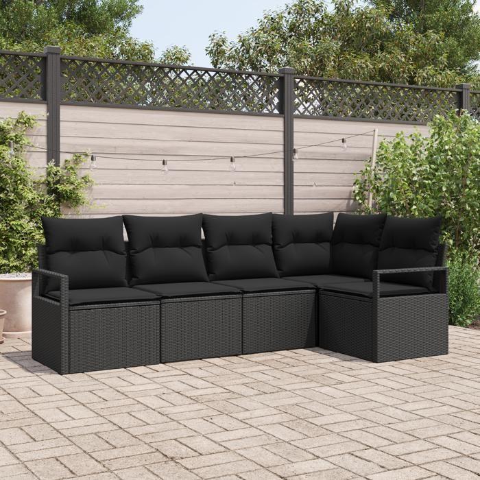 Ensemble de canapé de jardin 5 pièces avec coussins en poly rotin noir, Canapé de jardin 2 places avec coussins en poly 3346383