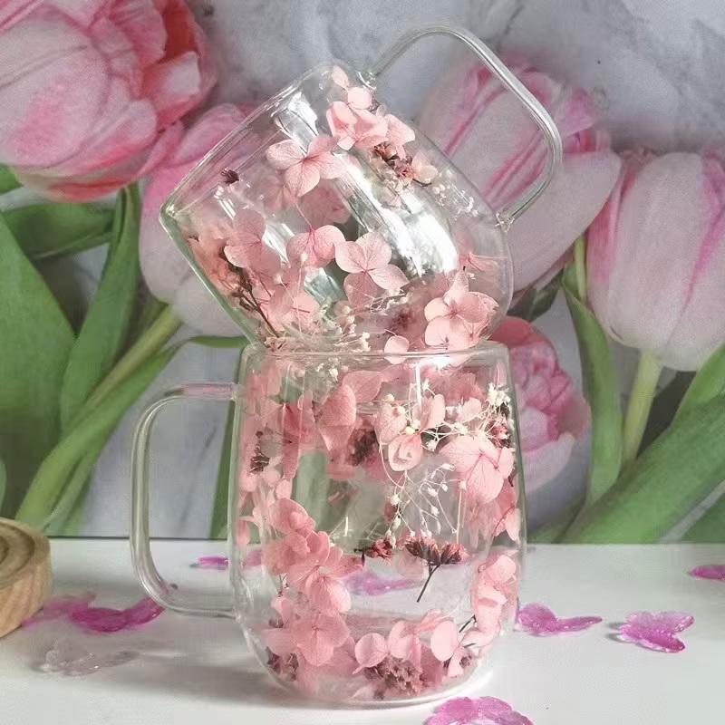 1Pc Double-Walled Glass Coffee Mug With A Real Flower Design Inside, Suitable For Coffee, Milk, And Other Beverages.