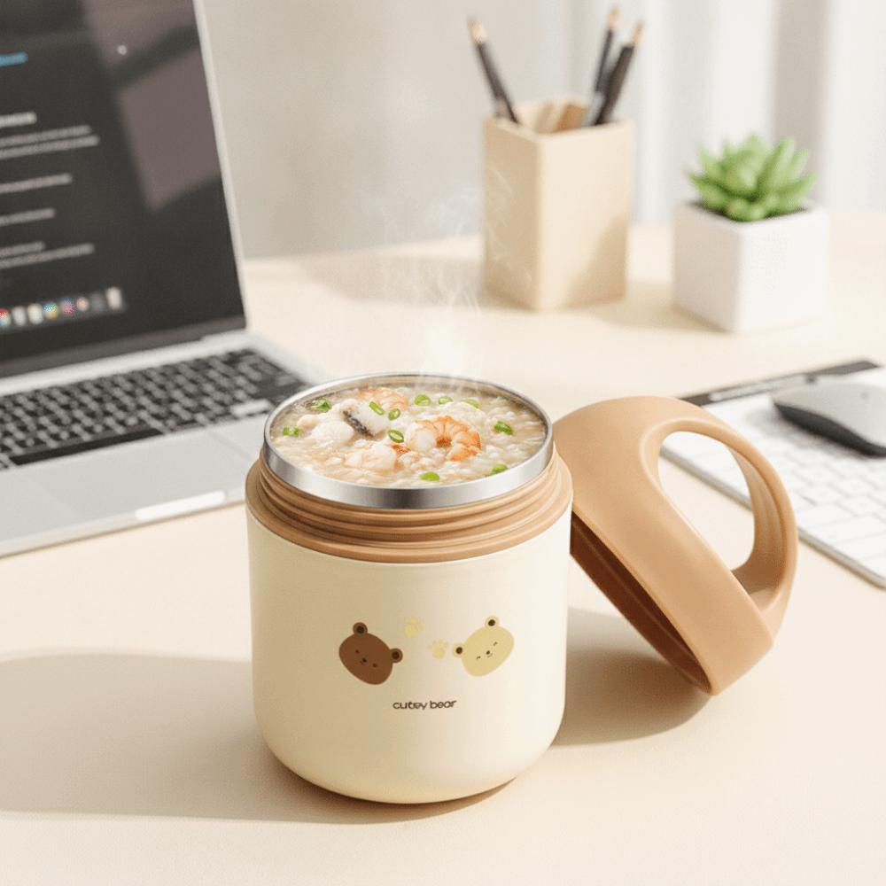 Cartoon Bear Insulated Porridge Cup Wide Mouth Leak-proof Thermal Soup Cup Sealed 304 Stainless Steel Inner Breakfast Cup