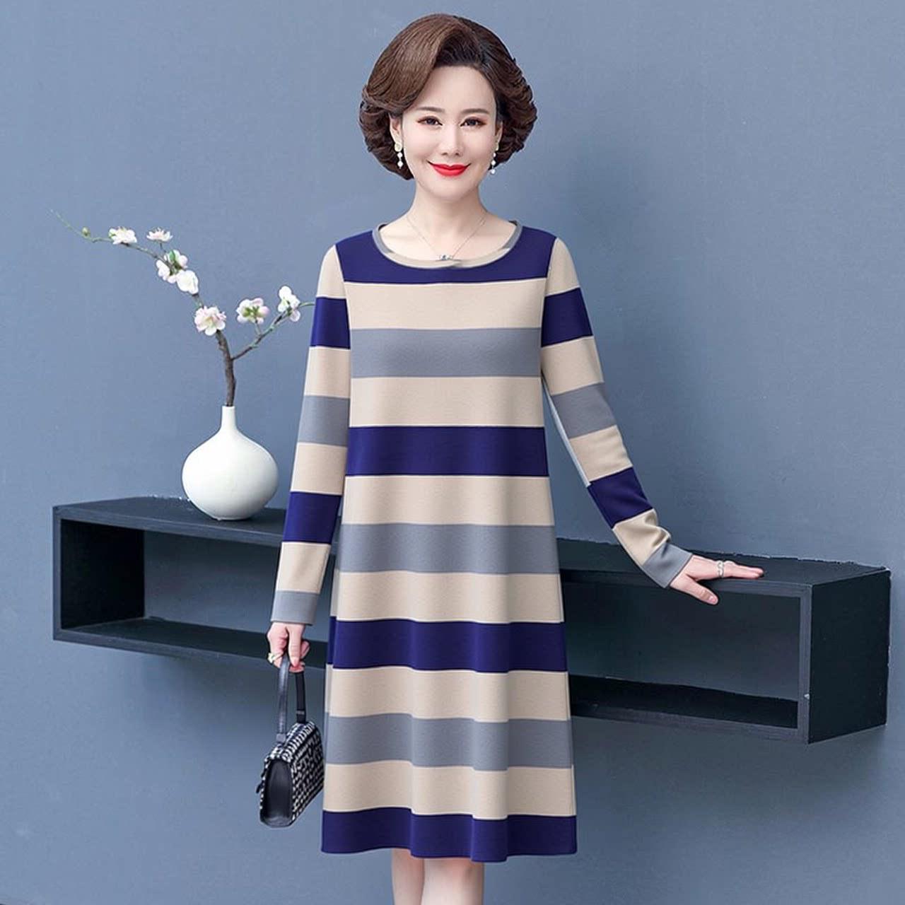 Women s Elegant Striped Slimming Bodycon Dress - Long Sleeve, Mid-Length, Plus Size, Age-Reducing L