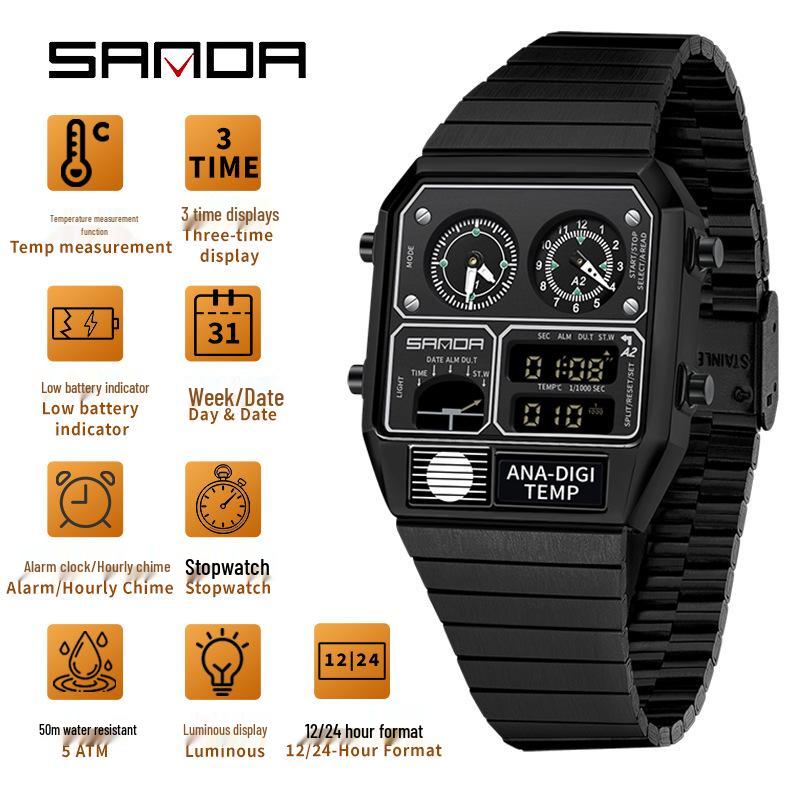 Sanda Men's Multi-Function Square Steel Band Watch with Temperature Measuring and Stopwatch Timer
