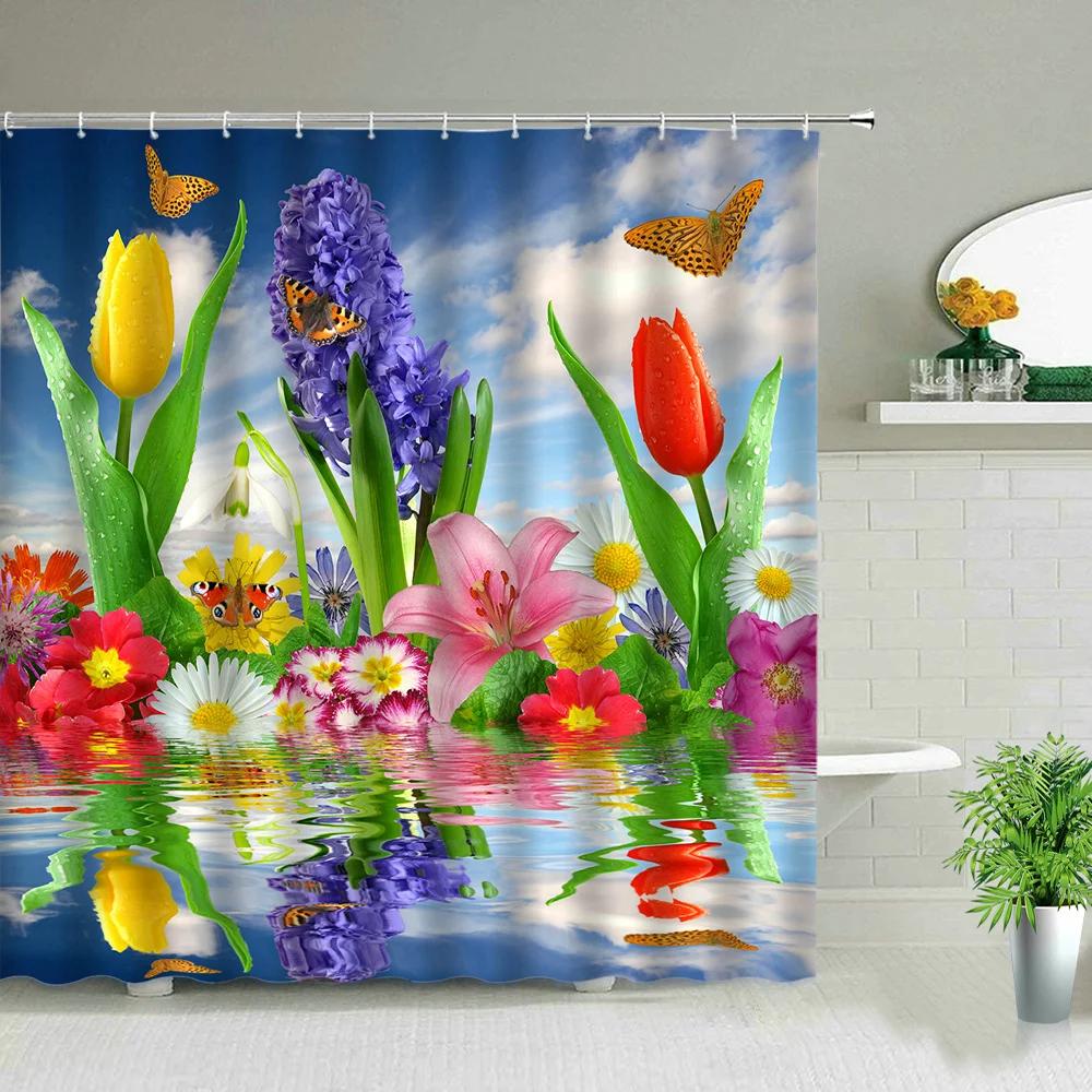Plant Series Shower Curtain Bathroom Waterproof Polyester Fabric Cloth Curtain Dandelion Flower Print Bathtub Decor With Hooks