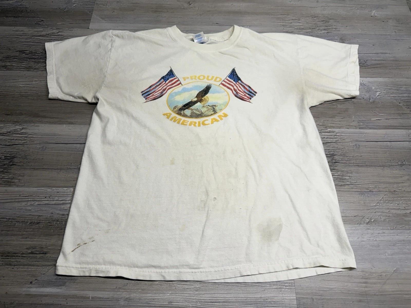 Vintage Patriotic Proud American T-Shirt Faded Thrashed Eagle USA Mens Sz L Boxy S